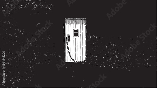 White wooden door with a chain and lock against a black background. Simple vector illustration emphasizes a minimalist design.