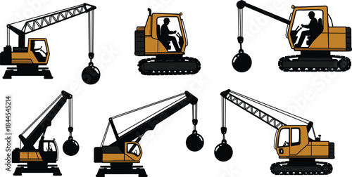Wrecking ball crane, demolition silhouette, construction equipment, operator cabin, structural teardown, crane arm variation, industrial machinery, side view, heavy-duty rig, jobsite impact