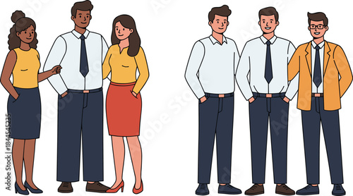 Workplace diversity illustration, professional attire character graphic, office team artwork, cheerful business design, cartoon corporate visual set