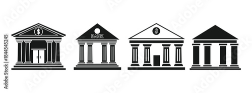A collection of four black and white bank building icons featuring classical columns and symbols