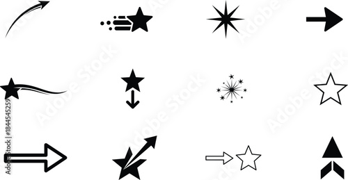 Modern collection of diverse black arrow and star graphic design elements symbolizing direction movement and achievement in various applications