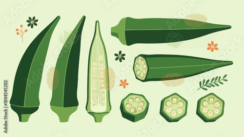 Freshly Cut Cucumber Slices and Whole Cucumbers on Light Green Background