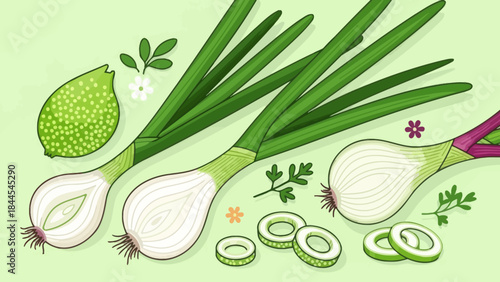 Fresh green onions with sliced rings and decorative plants on a pastel