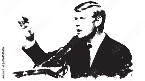 Man giving a speech at a podium with a microphone. Black and white vector illustration emphasizing leadership and communication.