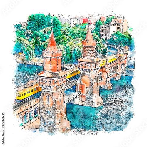 Berlin Germany Watercolor sketch hand drawn illustration. Watercolor Illustration of Oberbaum Bridge in Berlin with Yellow Train, Towers, and Spree River View