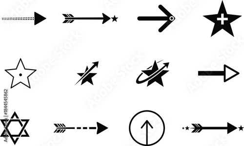 Versatile collection of various black arrow and star icon symbols perfect for modern graphic design and user interfaces on white