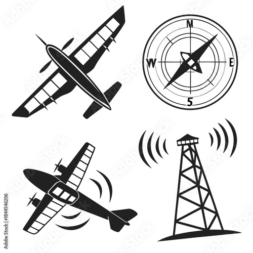 Four black icons airplane compass tower signal aircraft