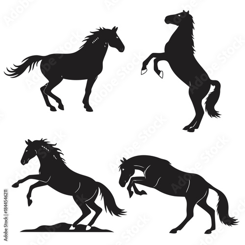 Four black horse silhouettes in various poses white