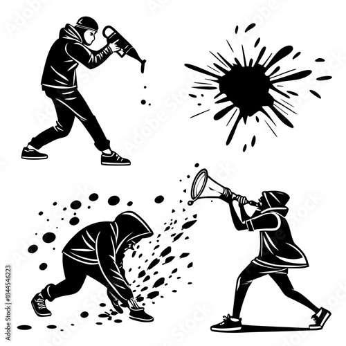 Four black ink splashes and graffiti artists in motion