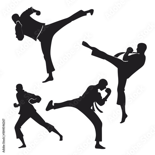 Four black martial arts silhouettes in dynamic poses