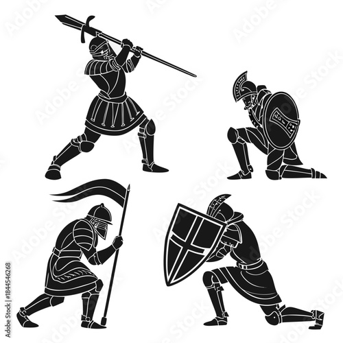 Four black knight silhouettes in various poses armor