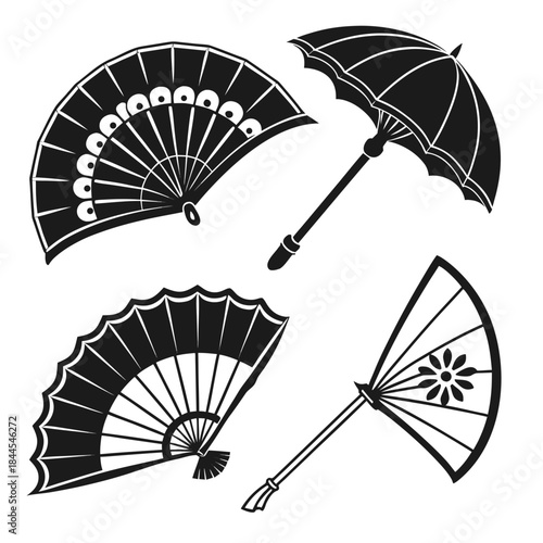 Four black Japanese style fans and umbrella folding fan