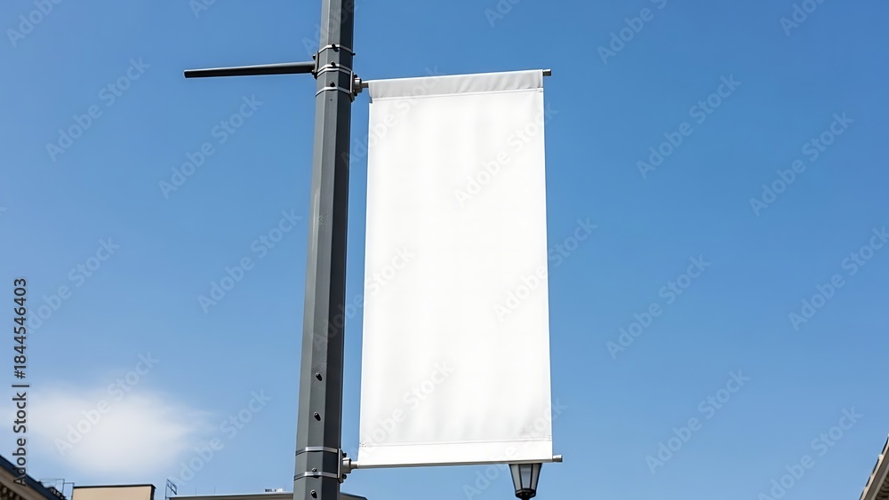 Obraz premium Blank white banner on a lamppost against a clear blue sky, ready for custom advertising.