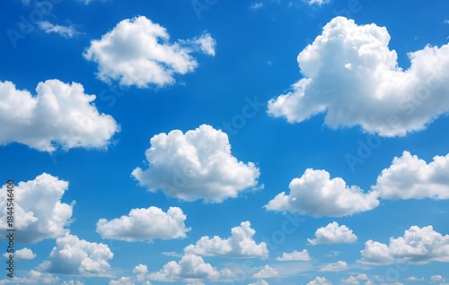 Beautiful blue sky with fluffy white cumulus and wispy cirrus clouds, isolated on white background