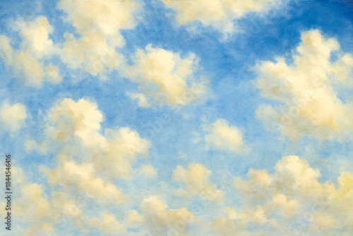 An idyllic oil painting of white fluffy cumulus clouds scattered across a bright blue sky with a watercolor or texture effect