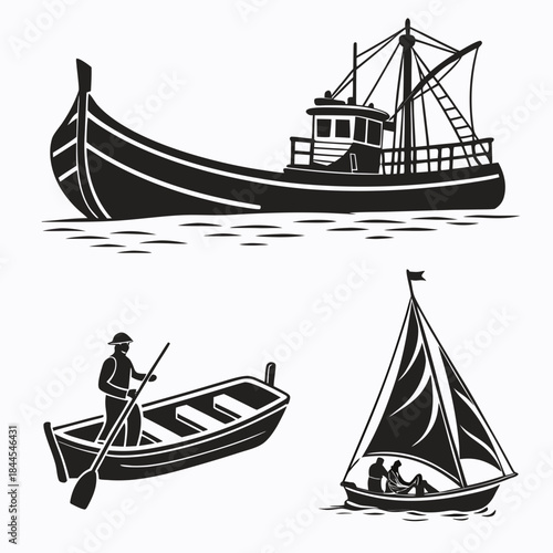 Four black silhouette boats on white background fishing boat