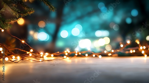 Warm bokeh lights on tabletop with pine branch cloud dancer 2026 creating festive cozy atmosphere and soft glowing string lights