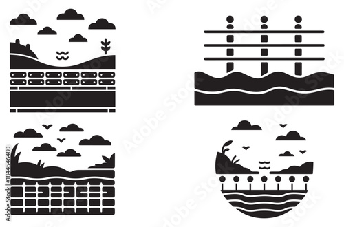 Flood Barrier Silhouette Vector Icon Set, Water Protection, Flood Control and Disaster Prevention Design