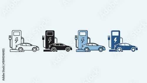 Electric cars charging at sleek solid stations from different viewpoints