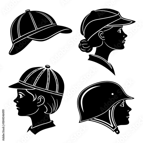Four black silhouette headwear and profile views helmet