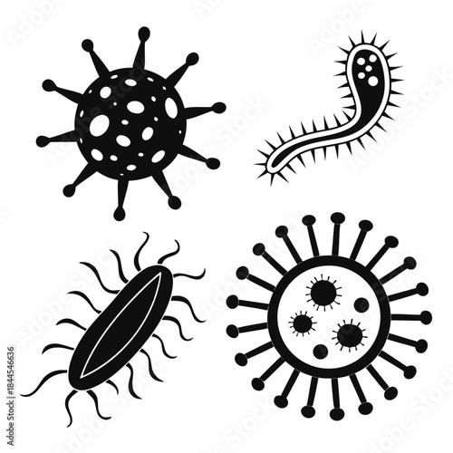 Four black silhouette style bacteria and virus shapes