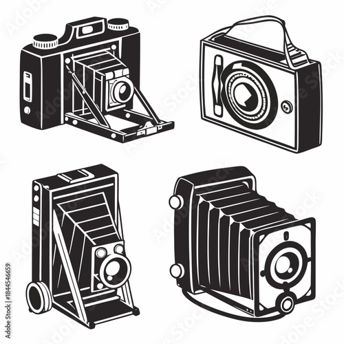 Four black silhouette vintage cameras on white background