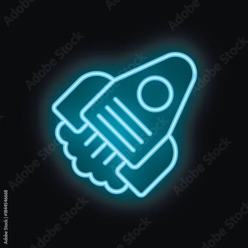 Neon blue rocket ship launching into space with bright blue exhaust