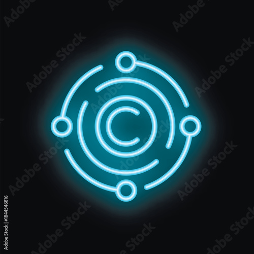 Blue neon copyright symbol glowing on black background representing concept of intellectual property