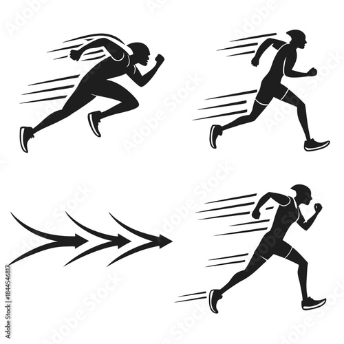 Four black silhouettes of runners and arrows indicating speed