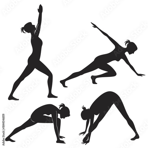Four black silhouettes of women in yoga poses woman