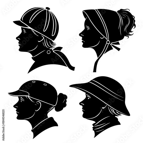 Four Black Silhouettes of Women Wearing Hats woman