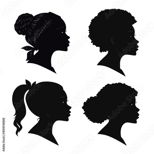 Four Black Silhouettes of Women's Hairstyles woman