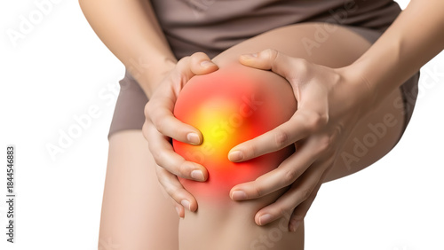 Woman holding her knee with pain isolated on transparent background