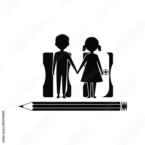 Children holding hands between pencil sharpeners above a large pencil on a white background