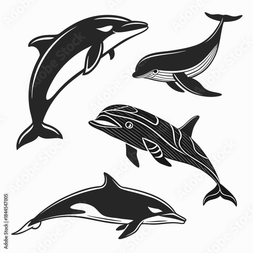 Four black whale and dolphin silhouettes with stylized details