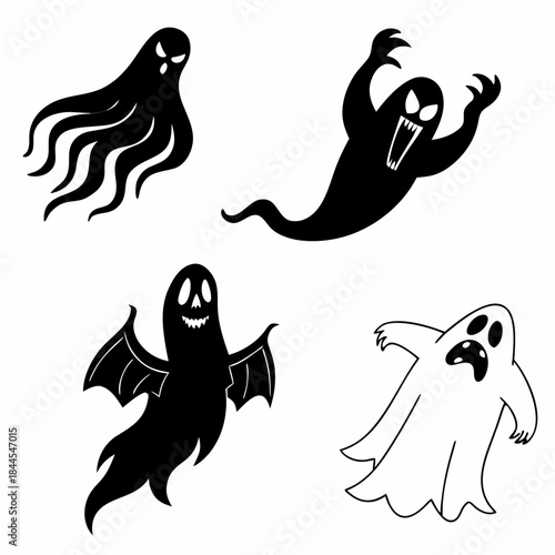 Four cartoon ghost variations black and white halloween