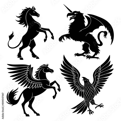 Four fantasy creature silhouettes on white background 1