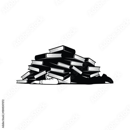 Overwhelmed student buried under a massive pile of books symbolizing academic pressure and exhaustion