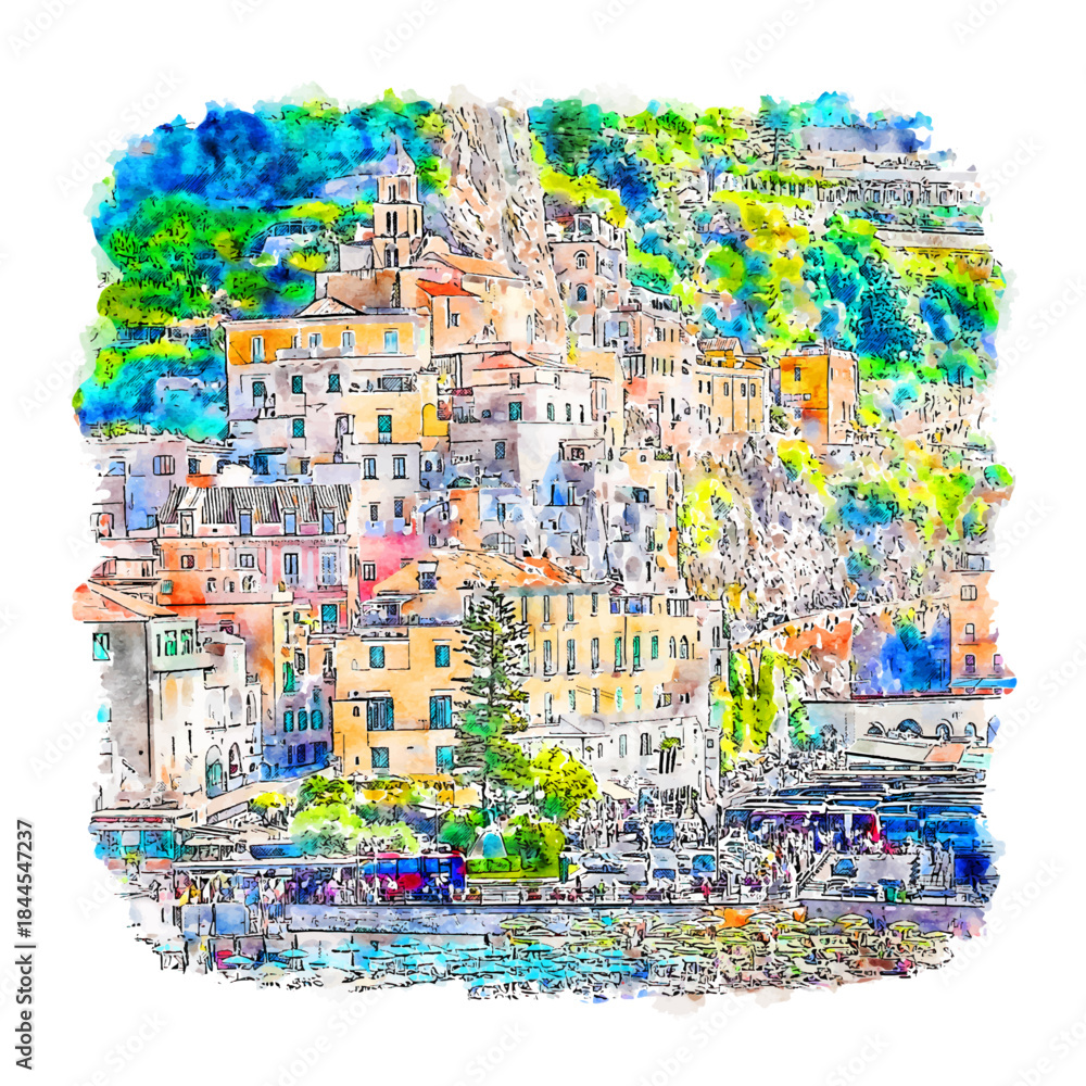 Naklejka premium Amalfi Italy Watercolor sketch hand drawn illustration. Watercolor Illustration of Mediterranean Coastal Town with Pastel Buildings, Church Tower, and Busy Waterfront Harbor