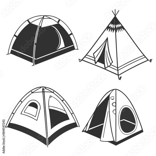 Four silhouette camping tents and teepee shelter outdoor