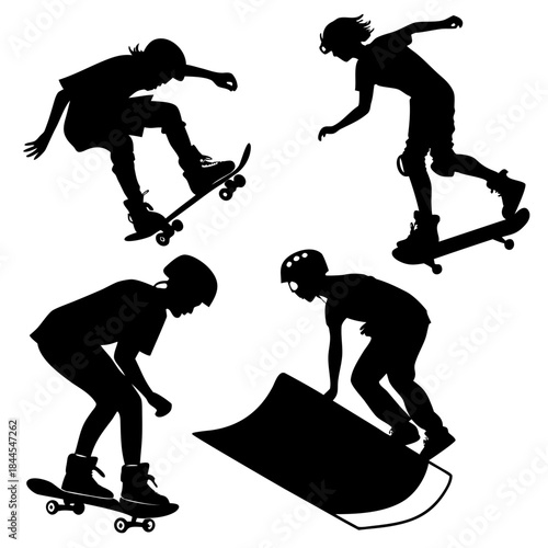 Four Silhouettes of People Skateboarding and Roller Skating