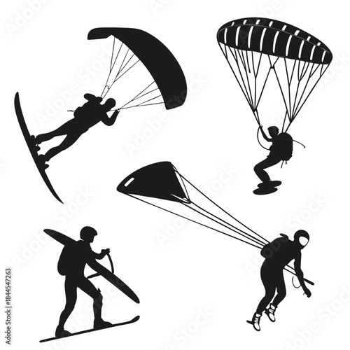 Four silhouettes of extreme sports athletes on white background