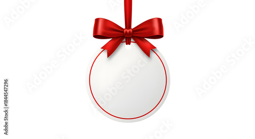 Round White Tag With Red Border And Red Ribbon Bow Hanging On Transparent Background label price tag
