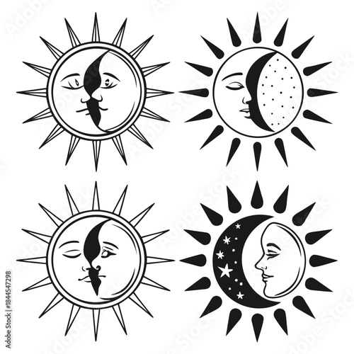 Four sun and moon celestial body graphic icons vector