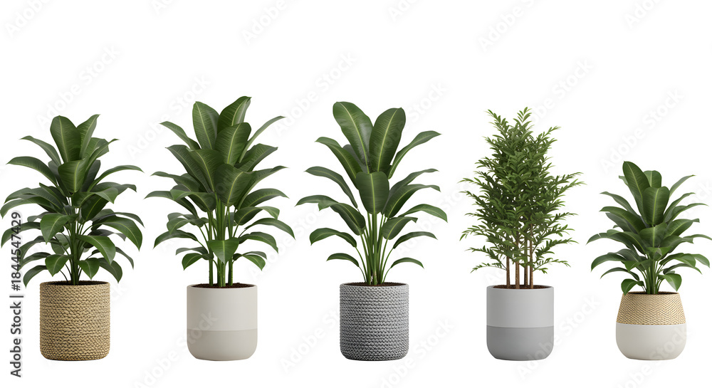 Fototapeta premium Five Potted Houseplants Including Indoor Plants And A Small Evergreen Tree In Decorative Pots Potted Plant