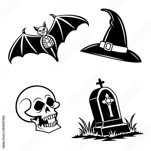 Halloween Icons Bat Witch Hat Skull Tombstone vector