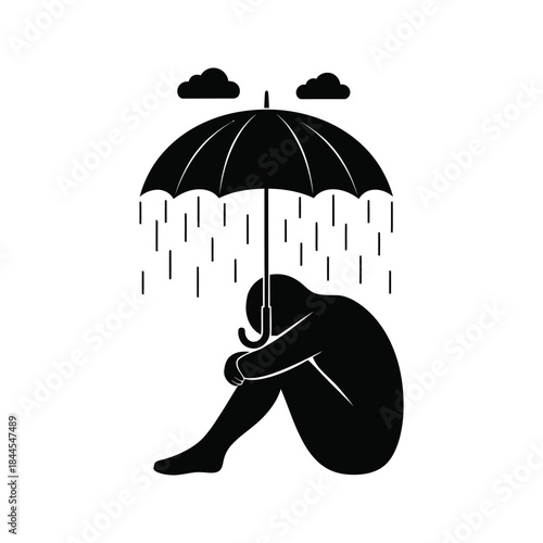 Silhouette of a person huddled under an umbrella during a rainstorm symbolizing sadness and isolation