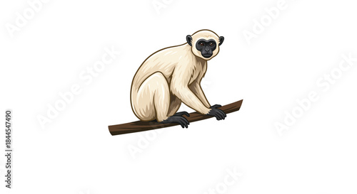 Adorable White Monkey Cartoon Illustration Perched Peacefully on a Sturdy Tree Branch