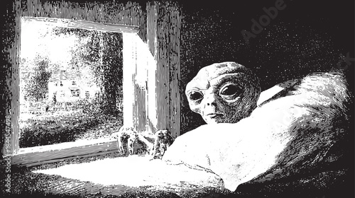 Alien creature in bed, peeking out the window. Black and white vector illustration depicts a simple interior scene with geometric shapes.