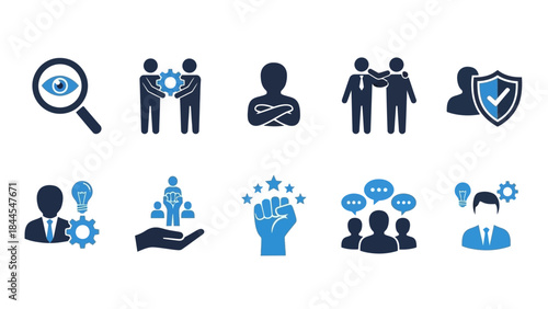 A collection of icons representing business and technology concepts in a sleek solid style